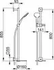 Brause-Set der Marke Keuco, bestehend aus verchromtem Material, mit einer eckigen Ablage in Weiß, inkl. Handbrause und Wandmontage, abgebildet in technischen Zeichnungen.